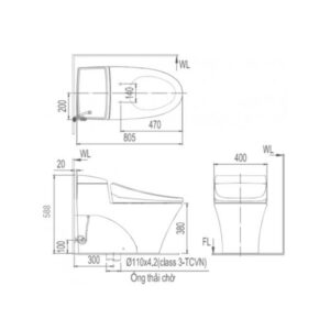 Bản vẽ lắp đặt bồn cầu Inax 1 khối AC-1017R+CW-KA22AVN