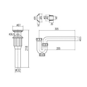 Bản vẽ bộ ống xả chậu & ống thải chữ P Inax A-325PS