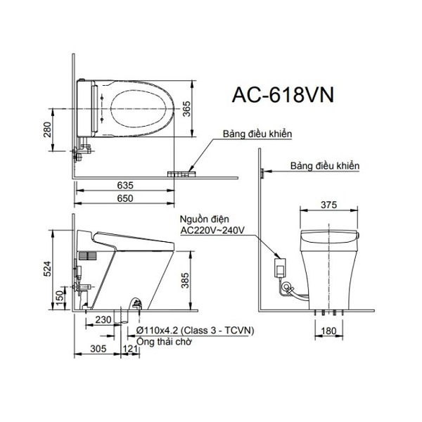 Bản vẽ bồn cầu điện tử Inax AC-618VN