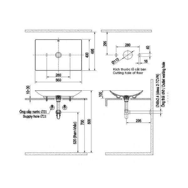 Bản vẽ lắp đặt chậu rửa đặt bàn Inax AL-S630V