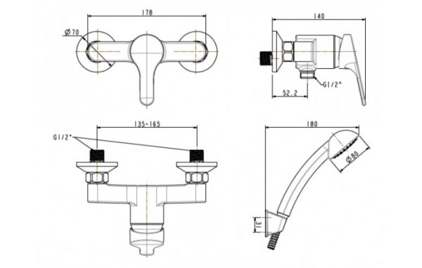 Vòi tắm gắn tường American Standard Concept WF-1412