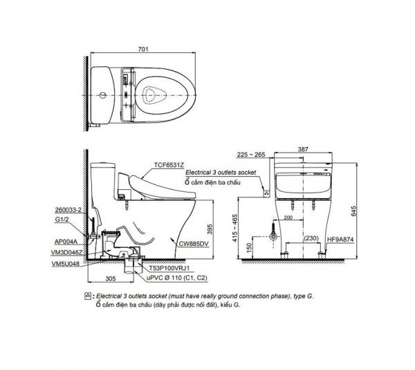 Bồn cầu TOTO một khối nắp điện tử MS885DW6