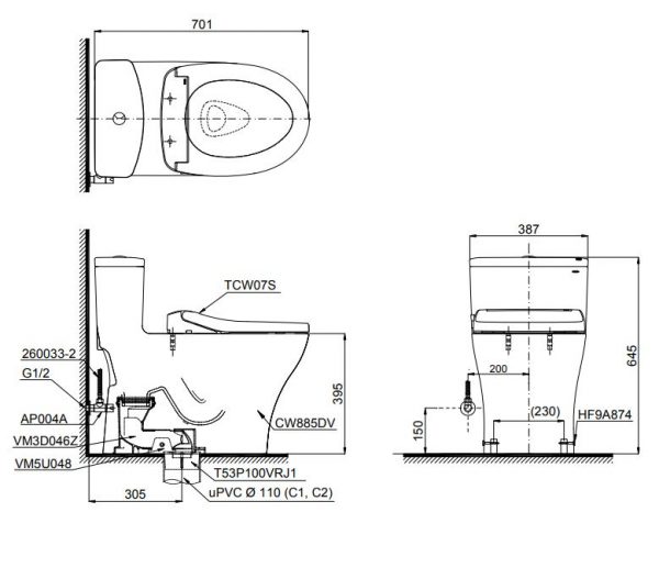 Bồn cầu TOTO một khối MS885DE2 