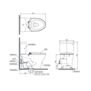 Bản vẽ bồn cầu TOTO hai khối nắp điện tử CS769DRW6