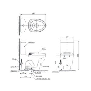 Bản vẽ bồn cầu TOTO hai khối nắp điện tử CS818DW11