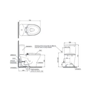 Bản vẽ bồn cầu TOTO hai khối nắp điện tử CS838CDW12