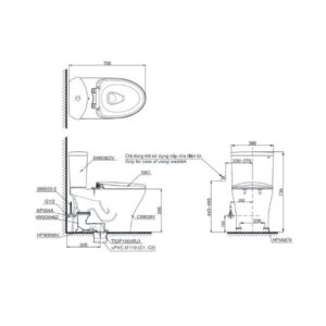 Bản vẽ bồn cầu TOTO hai khối nắp điện tử CS838DW6