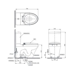 Bản vẽ bồn cầu TOTO hai khối nắp điện tử CS945DNW11