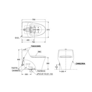 Bản vẽ bồn cầu TOTO một khối CW823REAW12