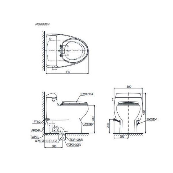 Bản vẽ bồn cầu TOTO một khối MS688E4