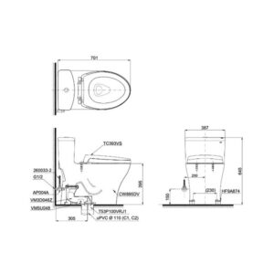 Bản vẽ bồn cầu TOTO một khối MS885DT2