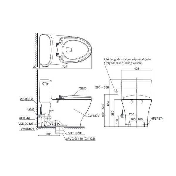 Bản vẽ bồn cầu TOTO một khối MS887RT8