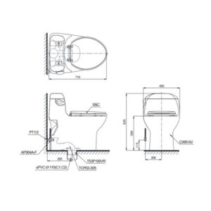 Bản vẽ bồn cầu TOTO một khối MS914RT2