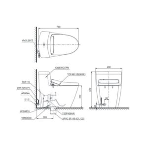 Bản vẽ bồn cầu TOTO một khối nắp điện tử MS636CDRW12