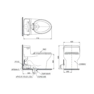 Bản vẽ bồn cầu TOTO một khối nắp điện tử MS884W6