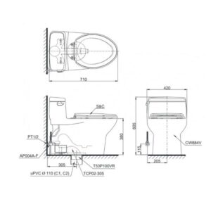 Bản vẽ bồn cầu TOTO một khối nắp điện tử MS884W7