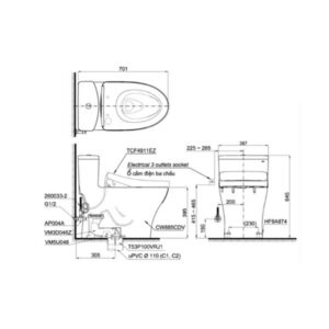 Bản vẽ bồn cầu TOTO một khối nắp điện tử MS885CDW12