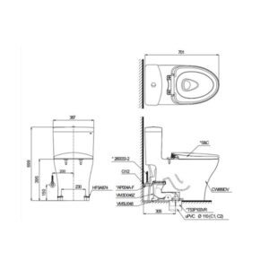 Bản vẽ bồn cầu TOTO một khối nắp điện tử MS889DRW6