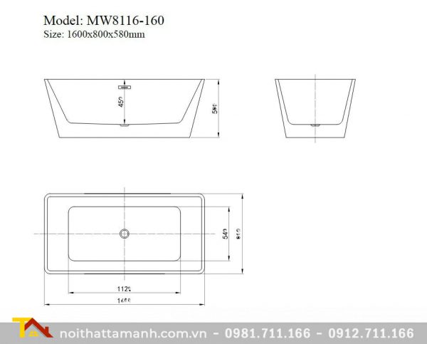 Bồn tắm Mowoen MW8116-160 đặt sàn