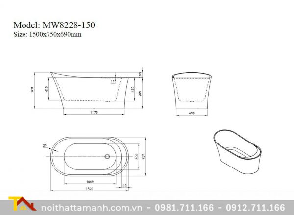 Bồn tắm Mowoen MW8228-150 đặt sàn