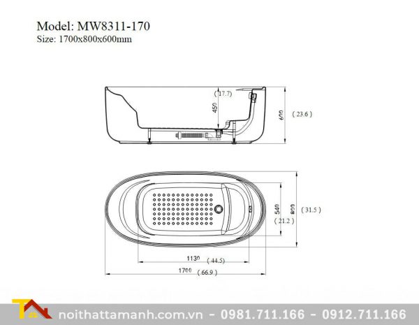 Bồn tắm Mowoen MW8311-170 đặt sàn