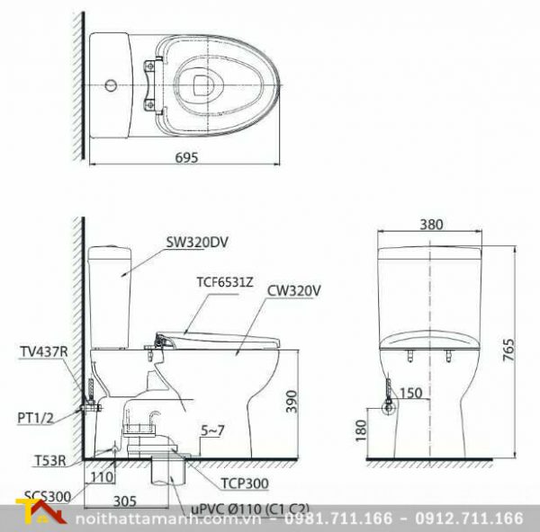 Bồn cầu TOTO hai khối nắp điện tử CS320DRW7