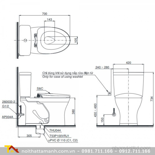 Bồn cầu TOTO hai khối nắp điện tử CS735DW7