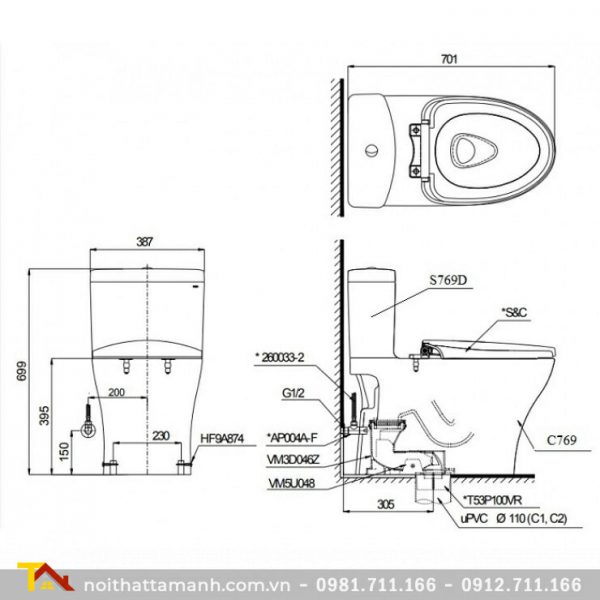 Bồn cầu TOTO hai khối nắp điện tử CS769DRW7