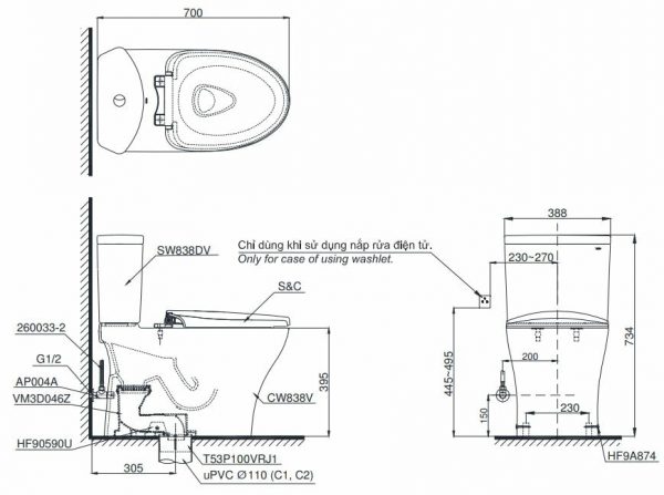 Bồn cầu TOTO hai khối CS838DE4