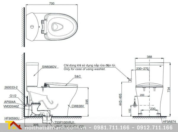 Bồn cầu TOTO hai khối CS838DT3