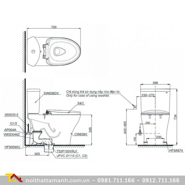 Bồn cầu TOTO hai khối nắp điện tử CS838DW7