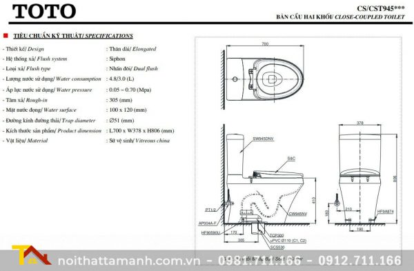 Bồn cầu TOTO hai khối CS945DNE4