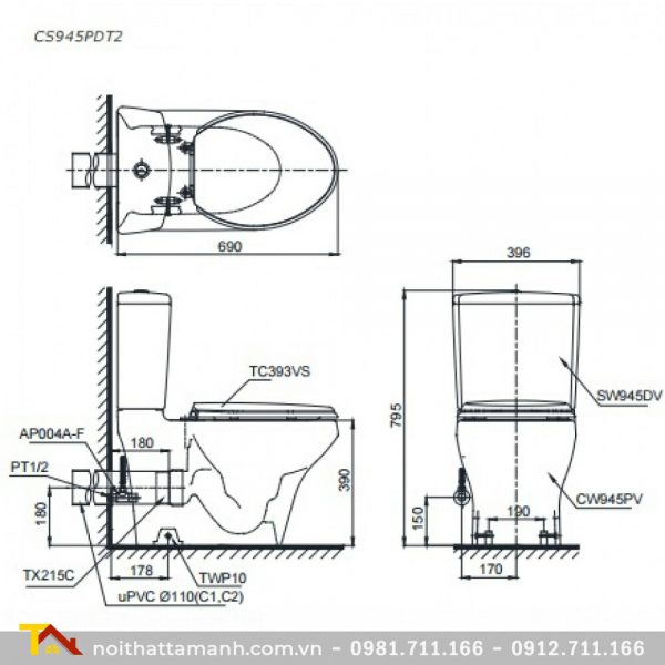 Bồn cầu TOTO hai khối CS945PDT2