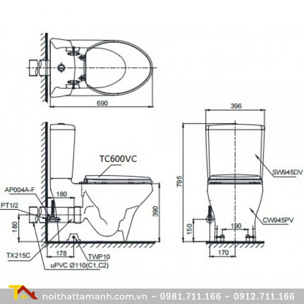 Bồn cầu TOTO hai khối CS945PDT8