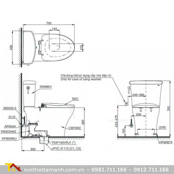 Bồn cầu TOTO hai khối nắp điện tử CS986GW7