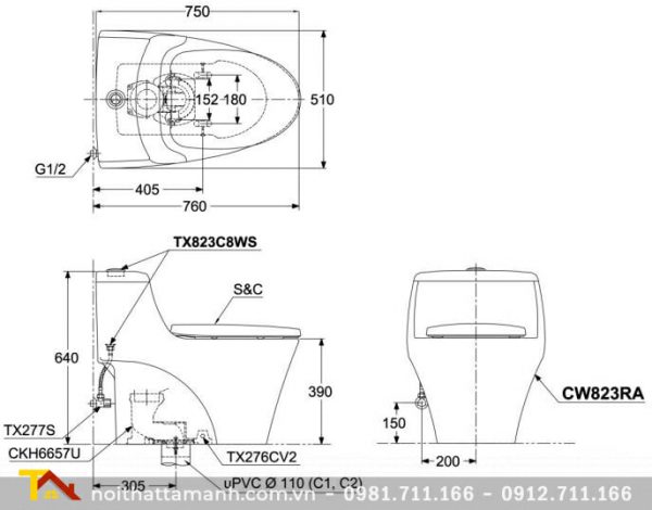 Bồn cầu TOTO một khối CW823RAE4