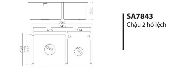 Chậu 2 hố lệch inox 201 Royal SA7843Chậu 2 hố lệch inox 201 Royal SA7843