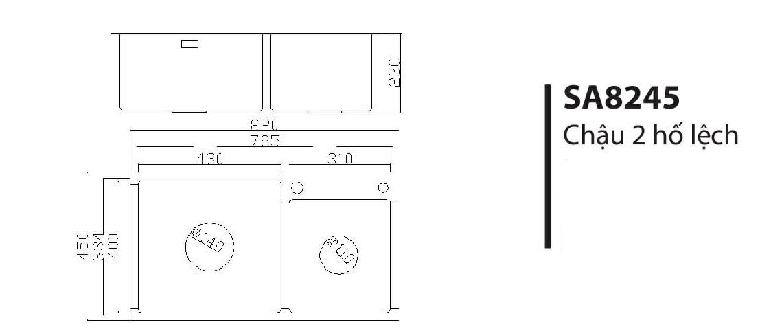 Chậu 2 hố lệch inox 201 Royal SA7843Chậu 2 hố lệch inox 201 Royal SA7843