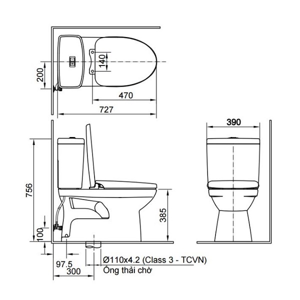 Bản vẽ lắp đặt bệt 2 khối Inax C-504A+CW-H18VN