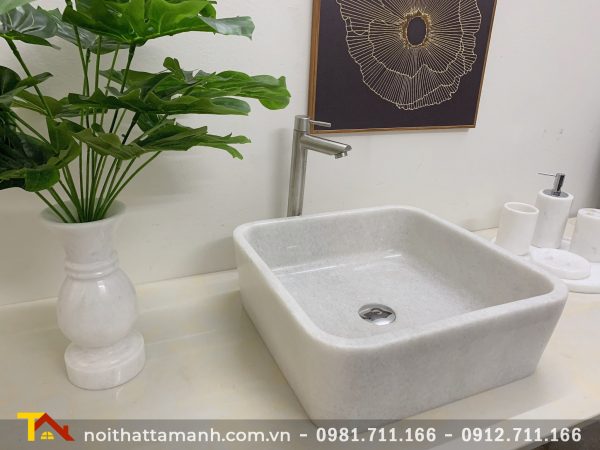 Chậu Lavabo đá tự nhiên Vuông mỏng Trắng BST46 