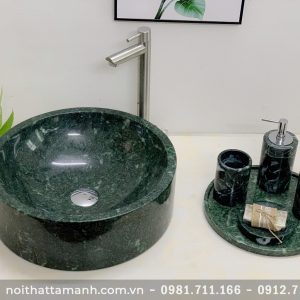 Chậu Lavabo đá tự nhiên tròn dày đáy thẳng Xanh Ấn Độ BST50