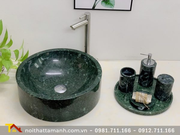 Chậu Lavabo đá tự nhiên tròn dày đáy thẳng Xanh Ấn Độ BST50