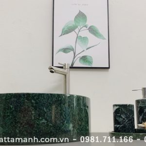 Chậu Lavabo đá tự nhiên tròn dày đáy thẳng Xanh Ấn Độ BST50