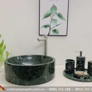 Chậu Lavabo đá tự nhiên tròn dày đáy thẳng Xanh Ấn Độ BST50