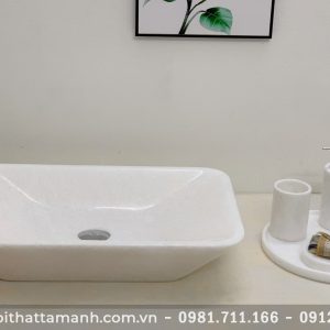 Chậu Lavabo đá tự nhiên Chữ nhật vát cạnh Trắng Ý BST57