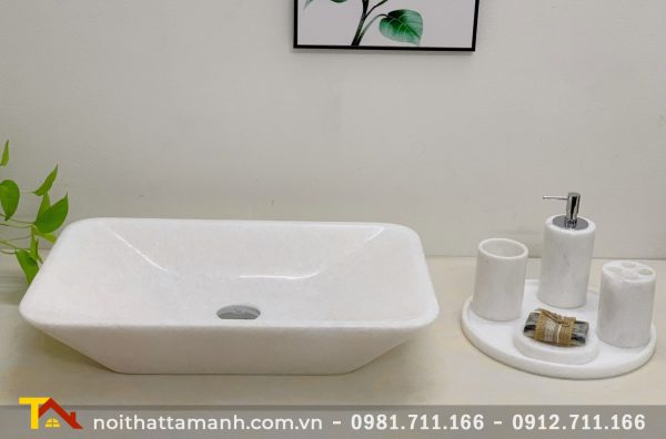 Chậu Lavabo đá tự nhiên Chữ nhật vát cạnh Trắng Ý BST57