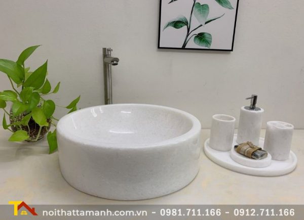 Chậu Lavabo đá tự nhiên tròn dày đáy thẳng Trắng Ý BST67