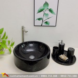 Chậu Lavabo đá tự nhiên tròn dày đáy thẳng Đen Ý BST68