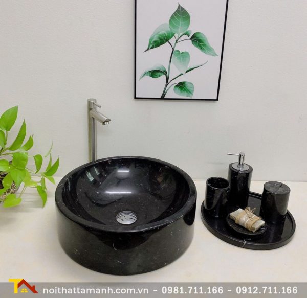 Chậu Lavabo đá tự nhiên tròn dày đáy thẳng Đen Ý BST68