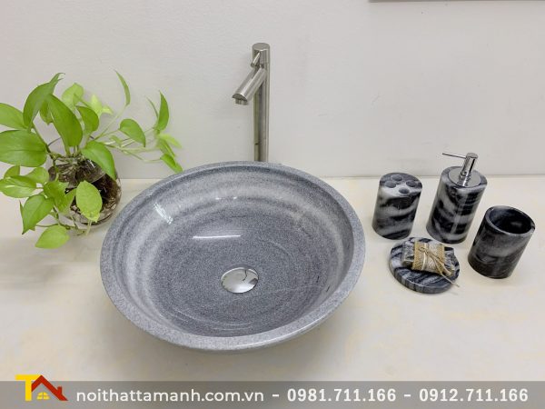 Chậu Lavabo đá tự nhiên tròn mỏng Xám Nghệ An BTS10